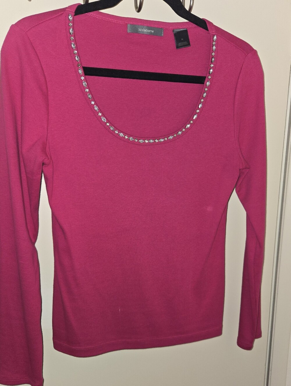 Liz Claiborne Hot Pink Long Sleeve Scoop Neck Top with Rhinestone Trim